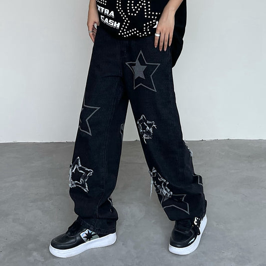 Washed And Ripped Star Jeans Loose And Slim